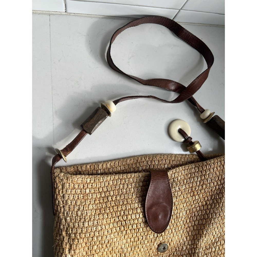 Vtg Dillards Jute Leather Trim Shoulder Handbag Women Tan Brown Lined Bag - Picture 2 of 9